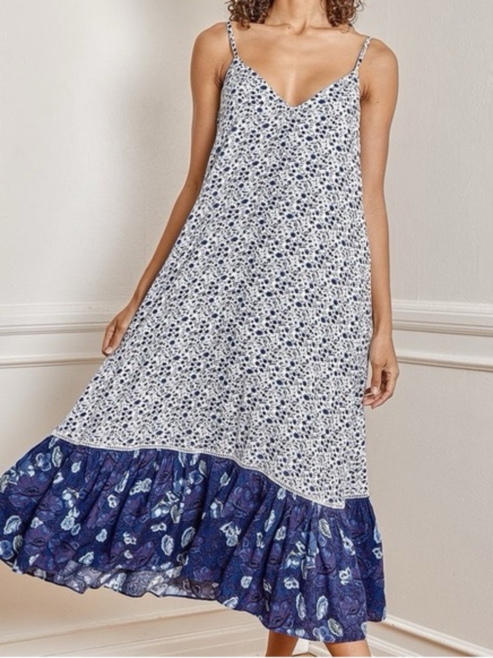 Lulu's White and Blue Floral Midi Slip Dress with Ruffle Hem